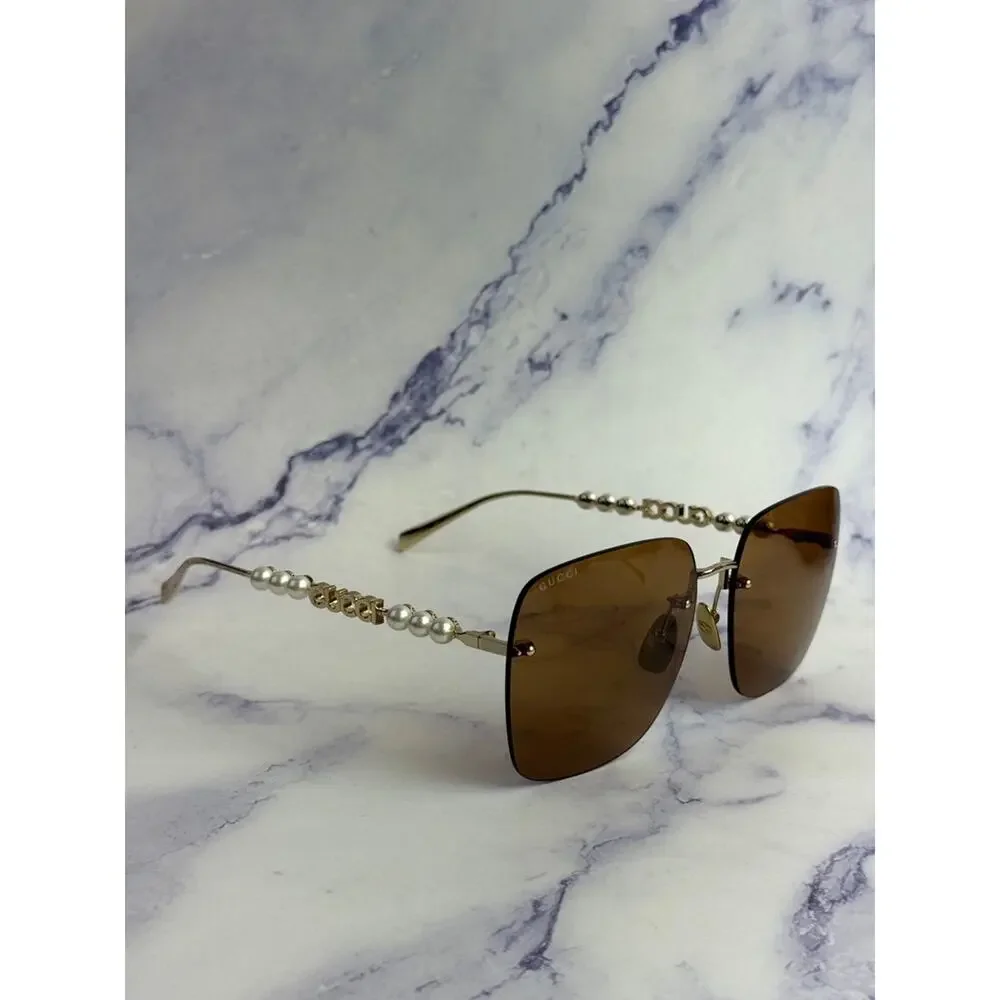 NEW Gucci GG1923SA Gold Brown Square Pearl Sunglasses